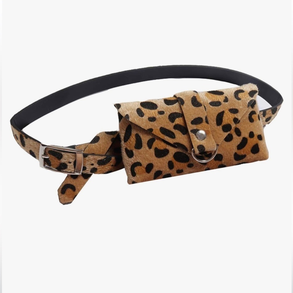 Leopard print waist satchel with snap top, faux pony hair 31 inches New